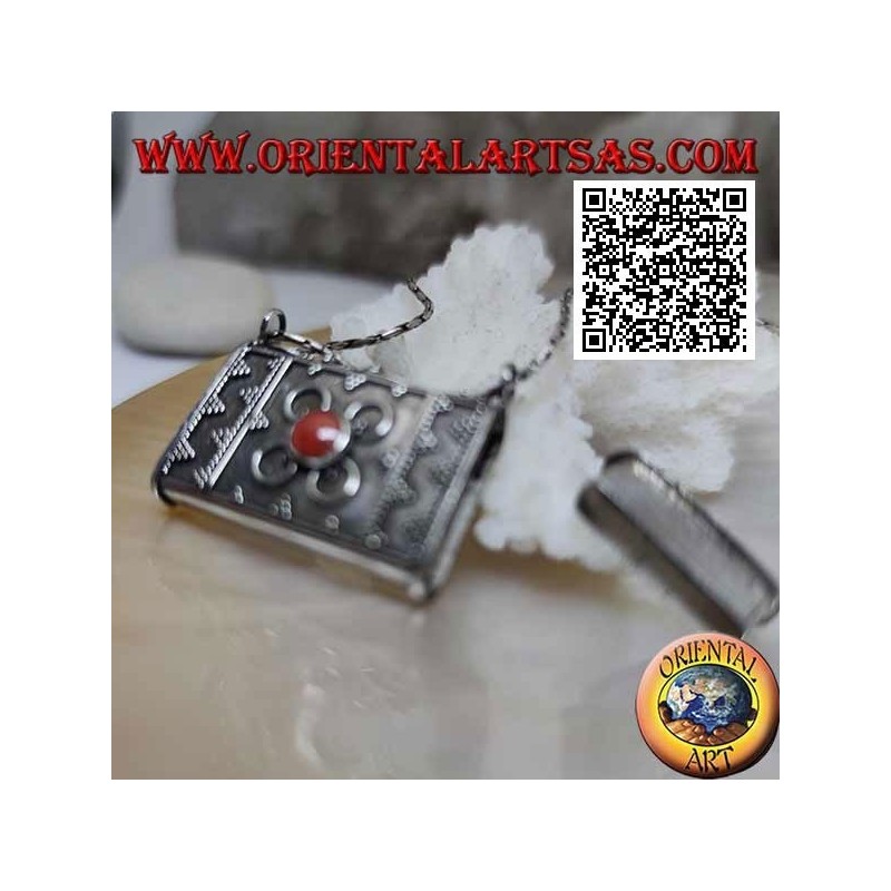 Silver box pendant in the shape of a handbag with embossed decorations and central Tibetan coral