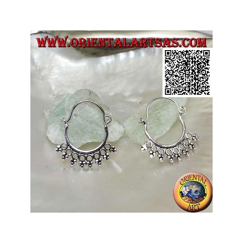 Boucle d'oreille en argent, cercle avec cercles et trio de boules et fermeture noeud 14 mm