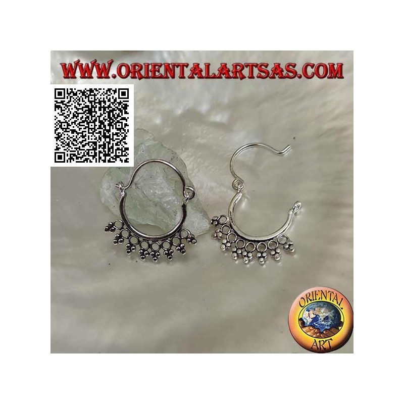 Silver earring, circle with circles and trio of balls and 14 mm bow closure