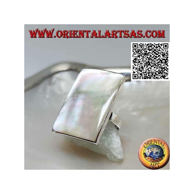 Silver ring with rectangular mother-of-pearl with smooth edge (adjustable)