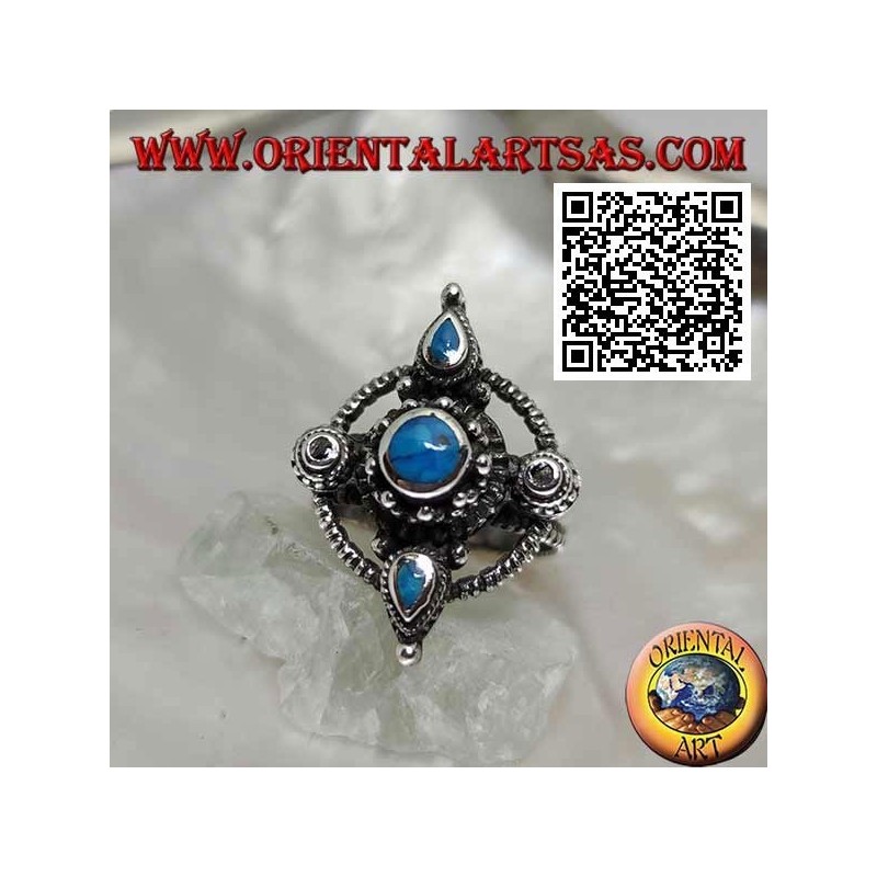 Bague en argent avec croix turquoise ronde et larme sur un cercle