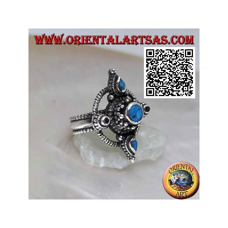 Silver ring with round and teardrop turquoise cross on a circle