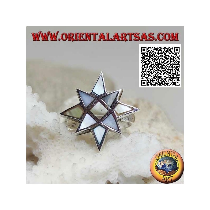 Anello in argento a forma di rosa dei venti con madreperla multicolor a filo bordo liscio