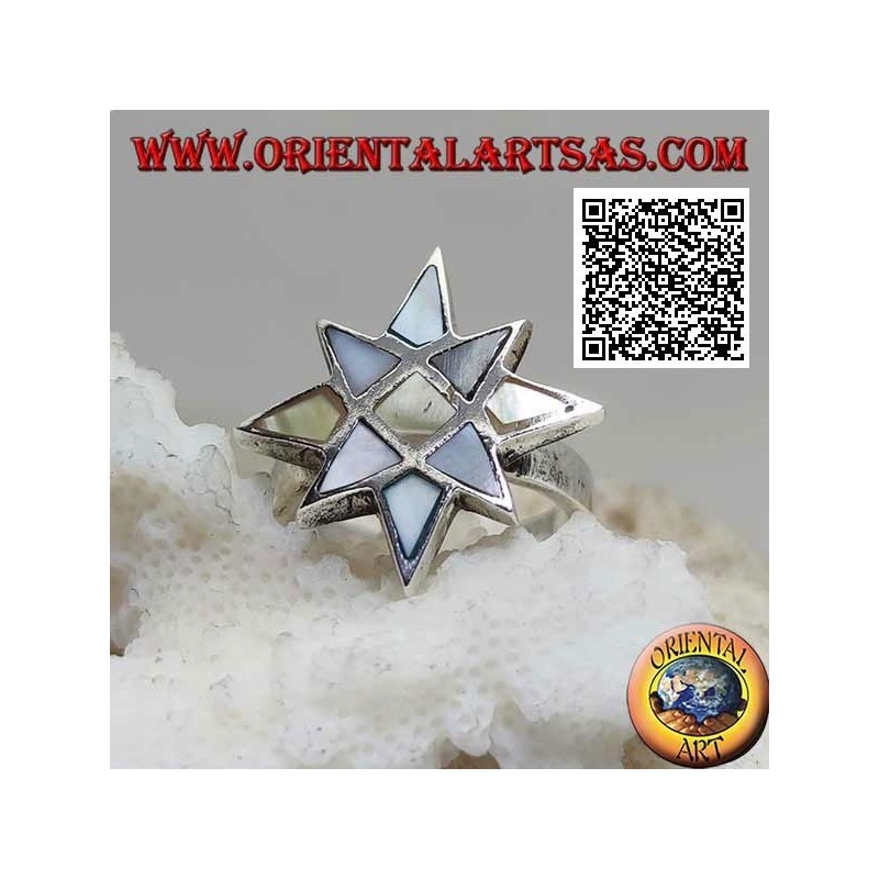 Silver ring in the shape of a wind rose with multicolor mother of pearl with smooth edge