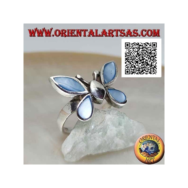 Silver ring in the shape of a butterfly with blue mother-of-pearl wings