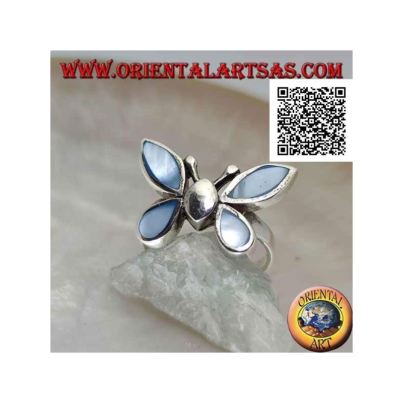Silver ring in the shape of a butterfly with blue mother-of-pearl wings