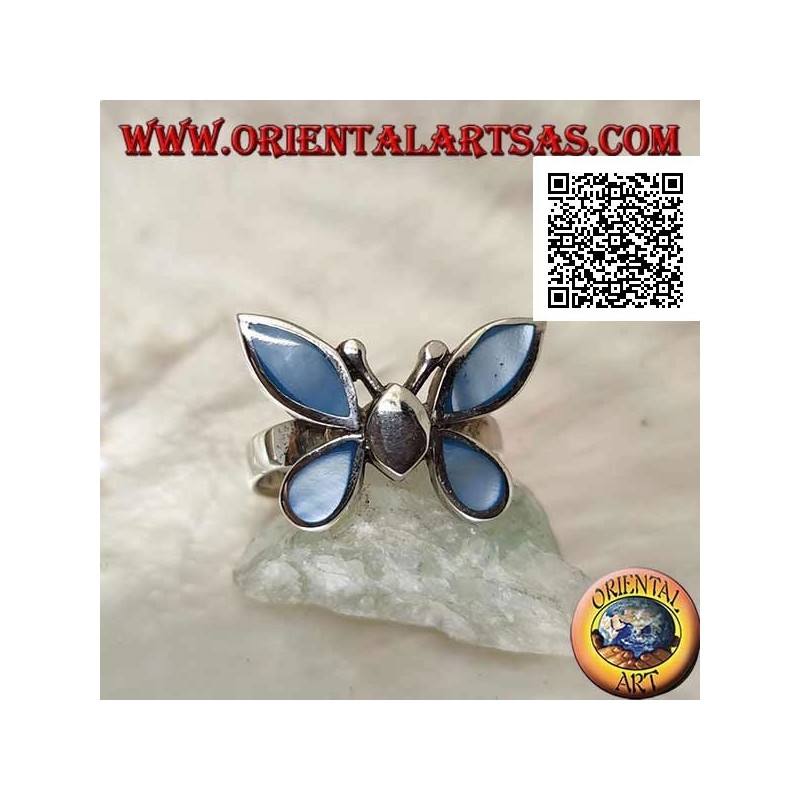 Bague en argent en forme de papillon avec des ailes en nacre bleue