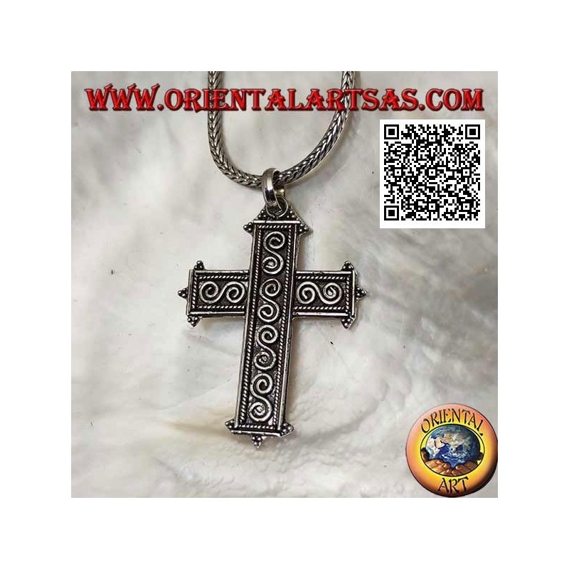 Silver Latin cross pendant with S-shaped spirals in bas-relief and ball ends