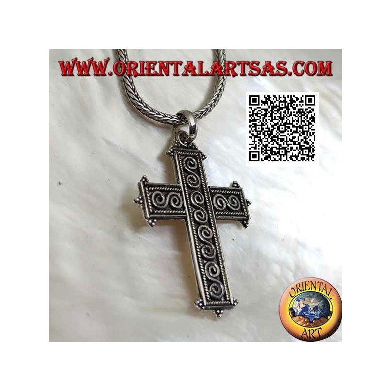 Silver Latin cross pendant with S-shaped spirals in bas-relief and ball ends
