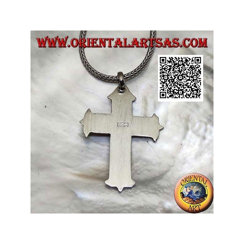 Silver Latin cross pendant with S-shaped spirals in bas-relief and ball ends