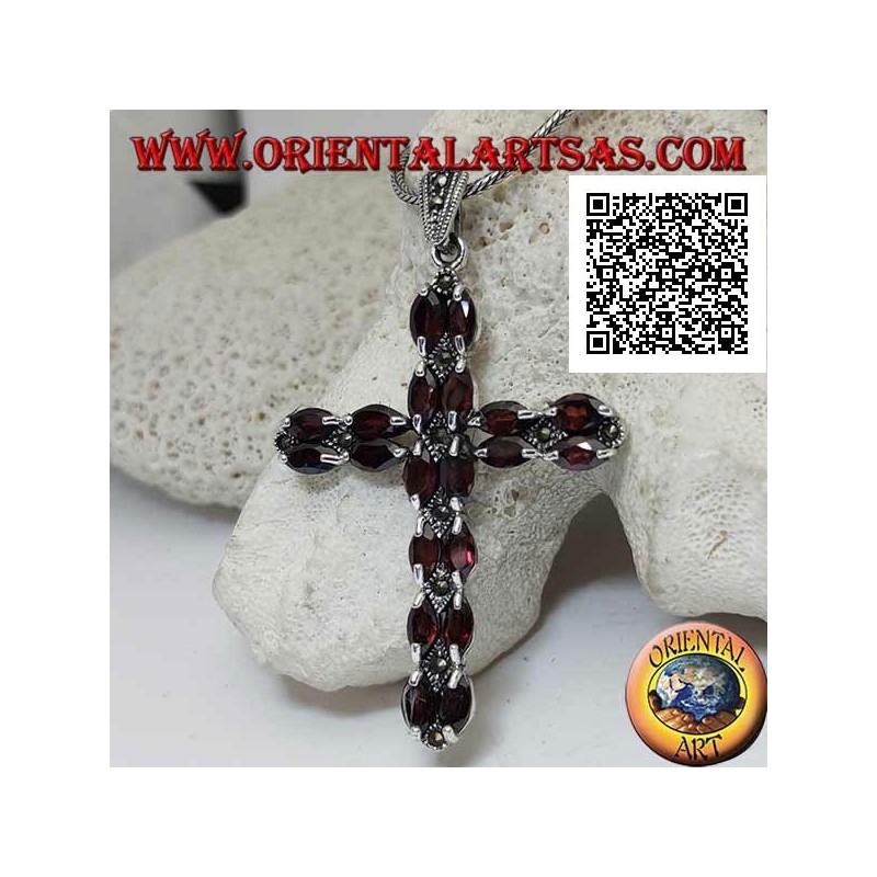 Silver Christian cross pendant with two rows of shuttle garnets and marcasite between them