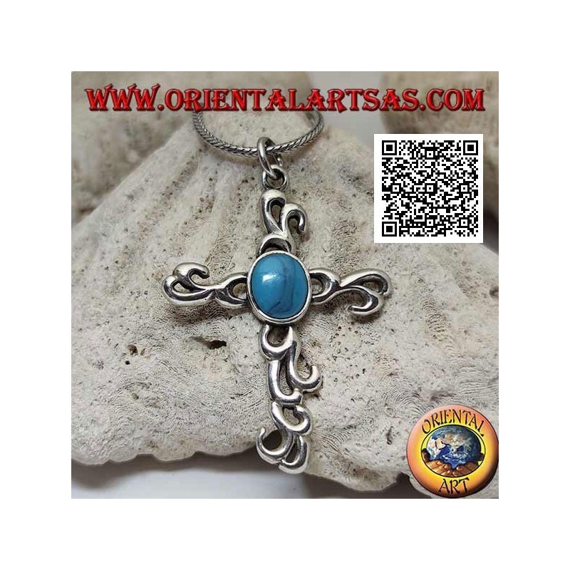 Colgante de plata de cruz latina estilo tribal con turquesa ovalada central