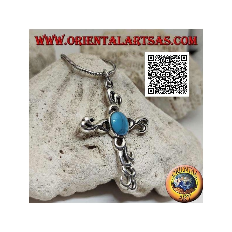 Ciondolo in argento croce latina in stile tribale con turchese ovale centrale