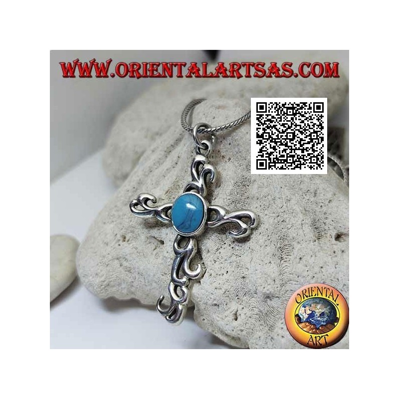 Colgante de plata de cruz latina estilo tribal con turquesa ovalada central