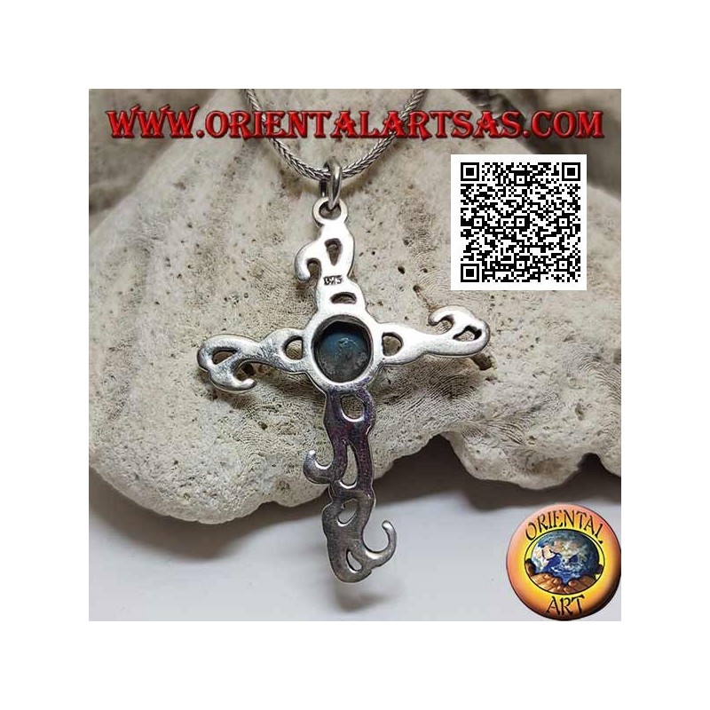 Tribal style Latin cross silver pendant with central oval turquoise