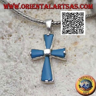 Ciondolo in argento croce con bracci in turchese e quadrato centrale in argento