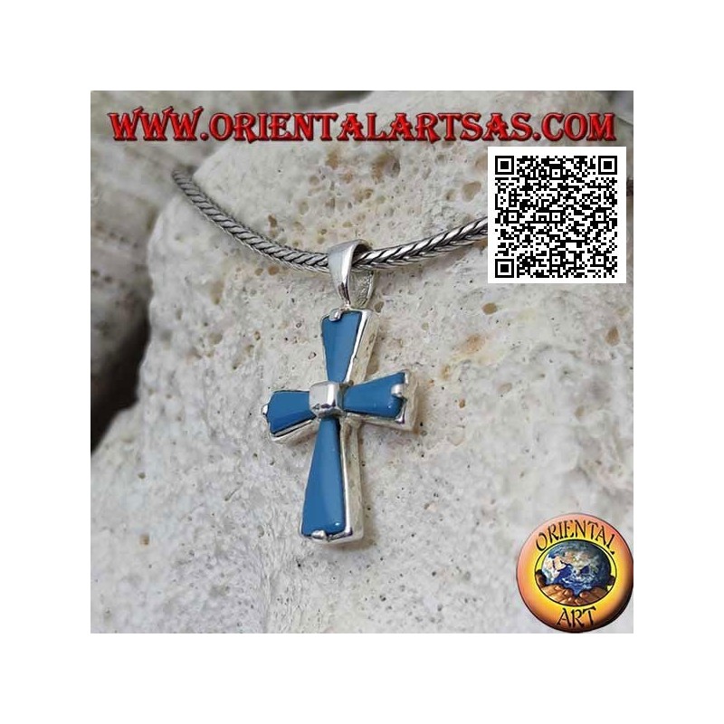 Ciondolo in argento croce con bracci in turchese e quadrato centrale in argento