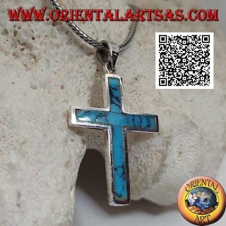 Silver pendant in the shape of a smooth Latin cross with turquoise at the edge