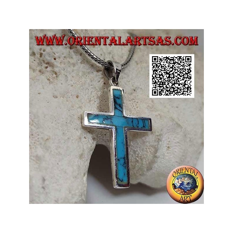 Colgante de plata en forma de cruz latina lisa con borde enrasado turquesa