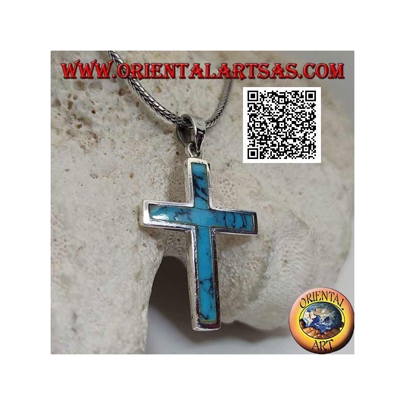 Pendentif en argent en forme de croix latine lisse avec bord affleurant turquoise