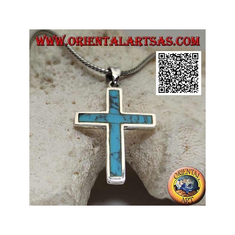 Colgante de plata en forma de cruz latina lisa con borde enrasado turquesa