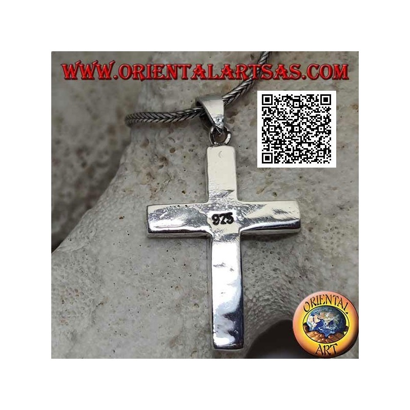 Ciondolo in argento a forma di croce latina liscia con turchese a filo bordo