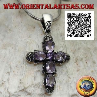 Silver pendant in the shape of a cross with 5 oval and 1 central amethyst and marcasite around