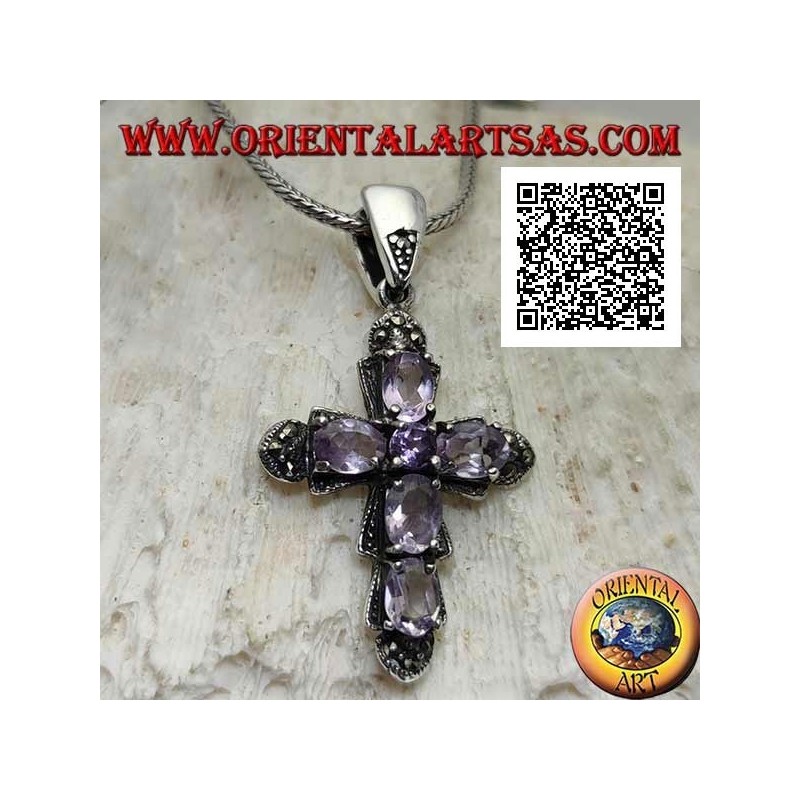 Pendentif en argent en forme de croix avec 5 ovales et 1 améthyste centrale et marcassite autour