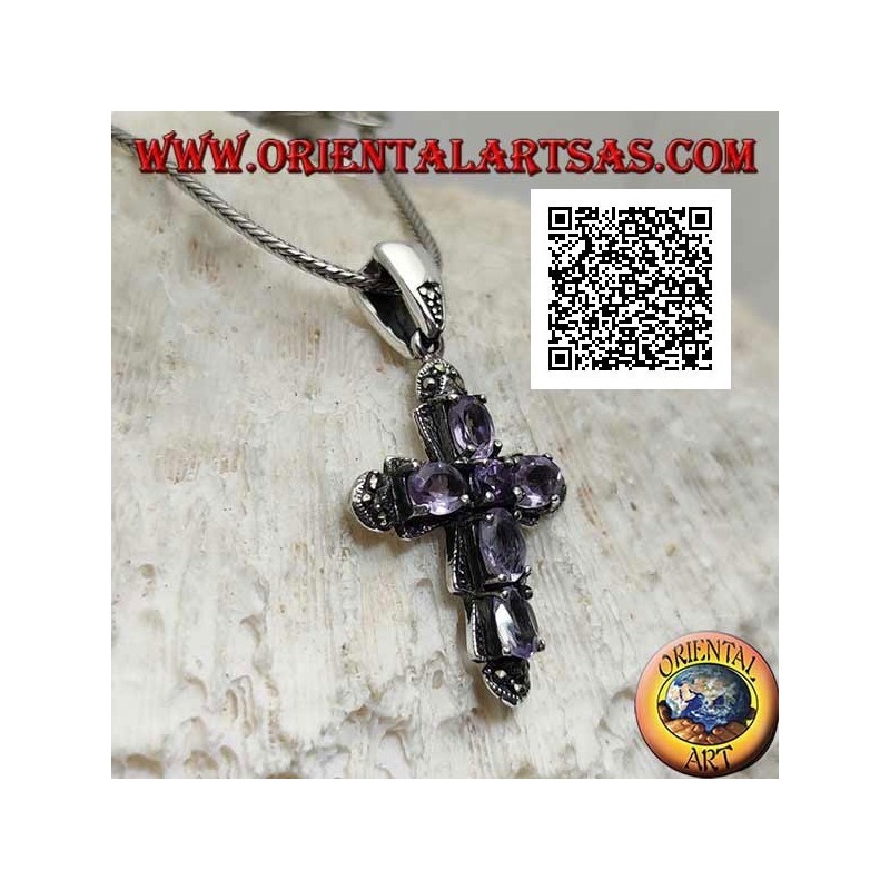 Pendentif en argent en forme de croix avec 5 ovales et 1 améthyste centrale et marcassite autour