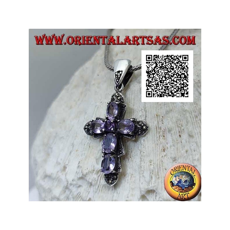 Silver pendant in the shape of a cross with 5 oval and 1 central amethyst and marcasite around
