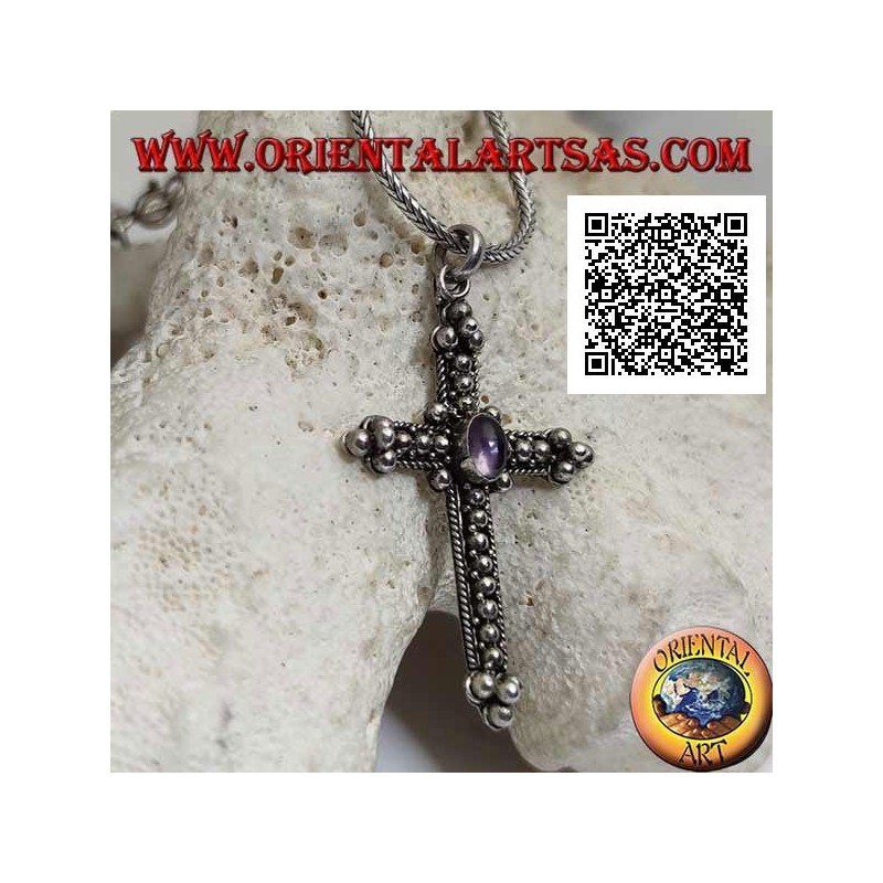 Silver pendant in the shape of an orthodox cross with central oval amethyst and decoration with balls