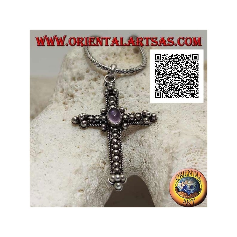 Silver pendant in the shape of an orthodox cross with central oval amethyst and decoration with balls