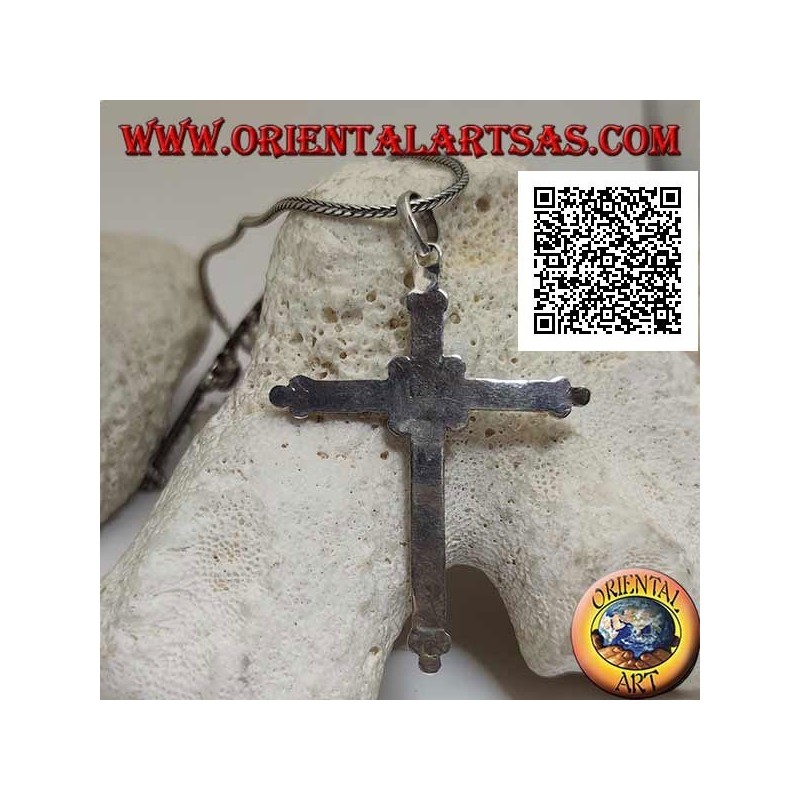 Ciondolo in argento, croce ortodossa con agata verde ovale centrale e decorazione a palline