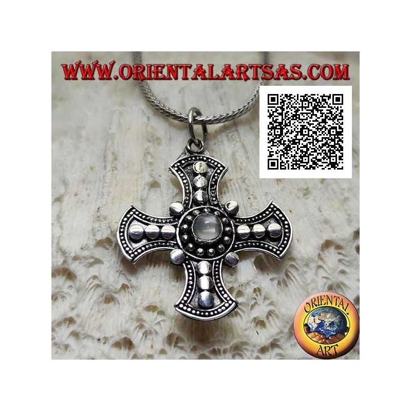 Silver pendant, Canterbury cross with central round moonstone and disk decoration