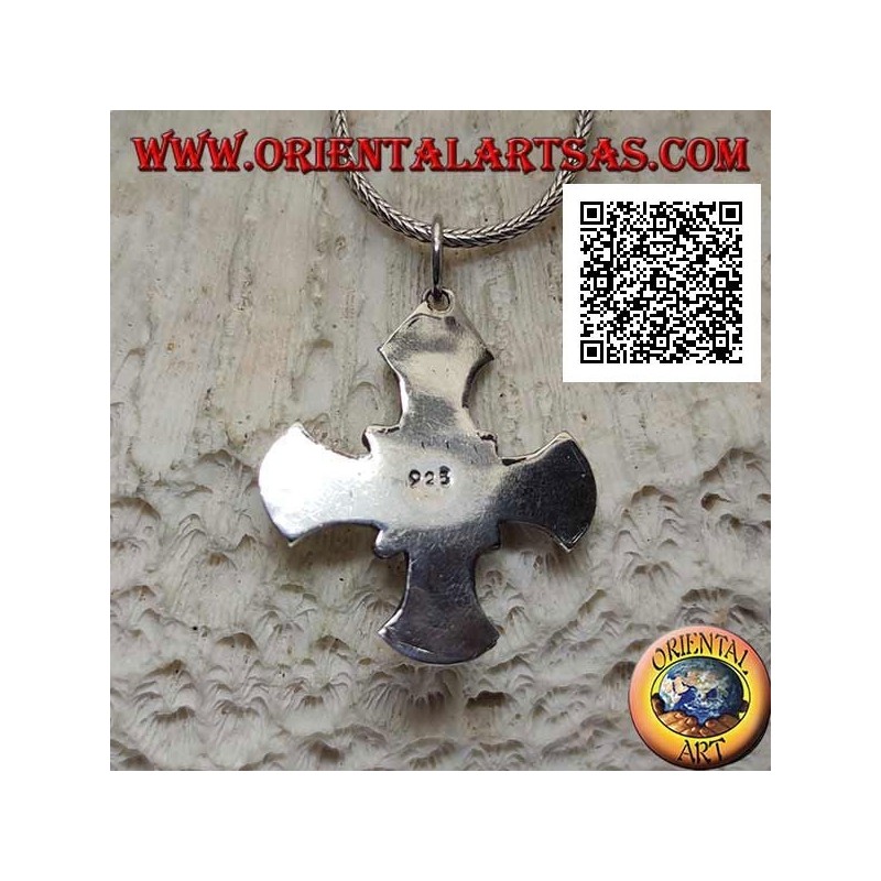 Silver pendant, Canterbury cross with central round moonstone and disk decoration