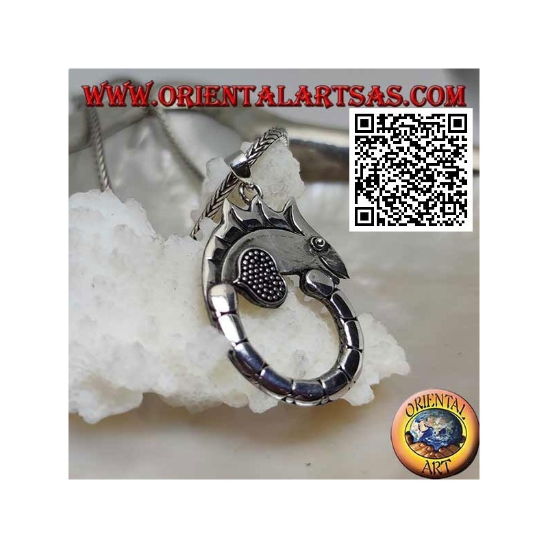 Silver pendant in the shape of a chameleon with a long circle tail