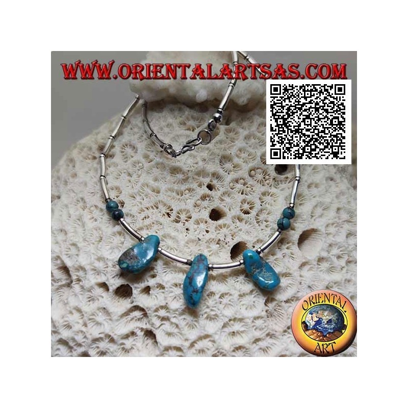 925 ‰ silver choker necklace, strung silver tubes and fragments of ancient Tibetan turquoise