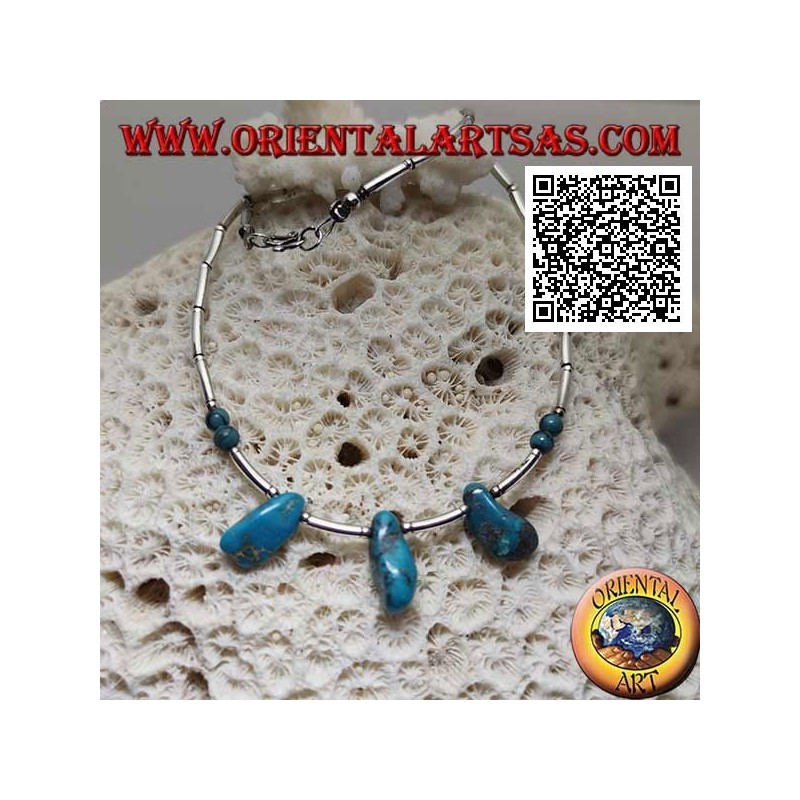 Collier ras de cou en argent 925 ‰, tubes en argent fileté et fragments de turquoise tibétaine