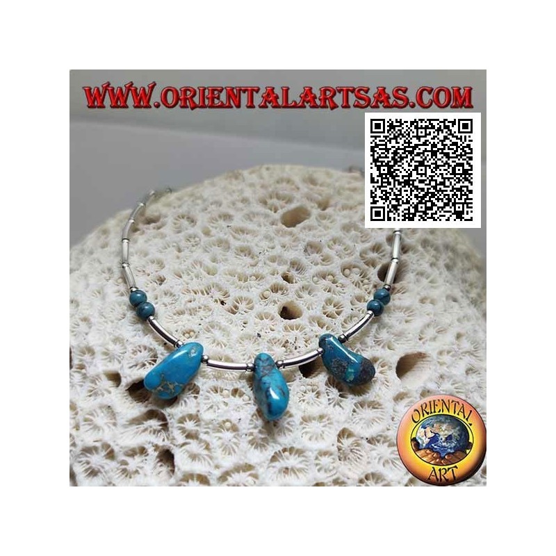Collier ras de cou en argent 925 ‰, tubes en argent fileté et fragments de turquoise tibétaine