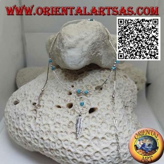 Gargantilla de plata 925 ‰, tubos roscados y fragmentos de turquesa con atrapasueños y pluma