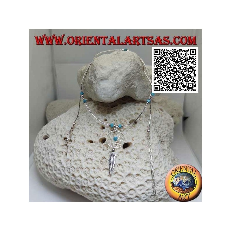 925 ‰ Silber Choker Halskette, Gewinderohre und Fragmente von Türkis mit Traumfänger und Feder