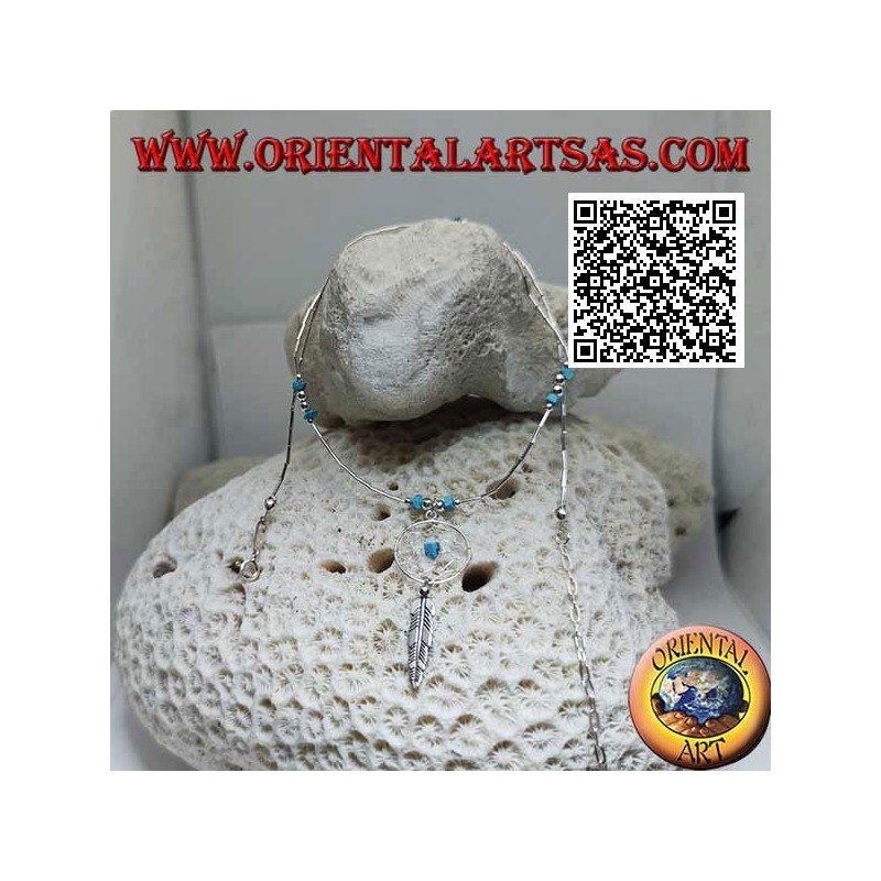 925 ‰ Silber Choker Halskette, Gewinderohre und Fragmente von Türkis mit Traumfänger und Feder