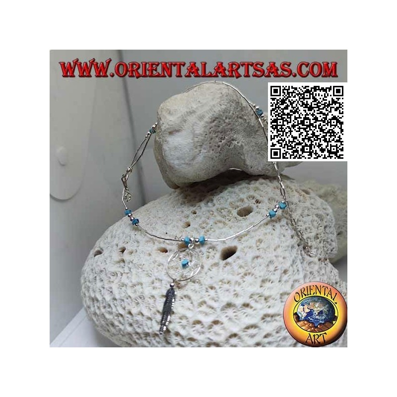 925 ‰ Silber Choker Halskette, Gewinderohre und Fragmente von Türkis mit Traumfänger und Feder