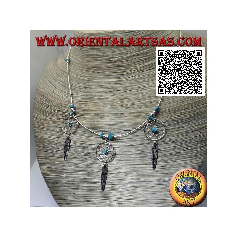 925 ‰ Silber Choker Halskette, Gewinderohre und Fragmente von Türkis mit 3 Traumfängern und Federn