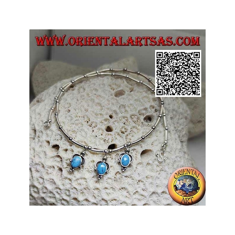 Collier en argent 925 ‰ avec tour de cou, tubes et boules enfilées avec 3 pendentifs ovales turquoise