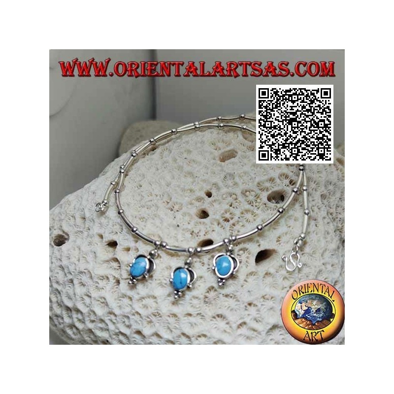 Collier en argent 925 ‰ avec tour de cou, tubes et boules enfilées avec 3 pendentifs ovales turquoise