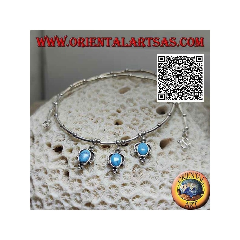 Collier en argent 925 ‰ avec tour de cou, tubes et boules enfilées avec 3 pendentifs ovales turquoise