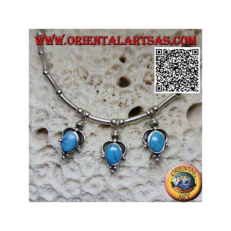 Collana in argento 925 ‰ a girocollo, tubicini e palline infilati con 3 turchesi ovali pendenti