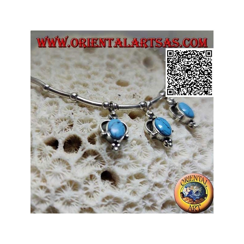 Necklace in 925 ‰ silver with choker, tubes and balls strung with 3 oval turquoise pendants