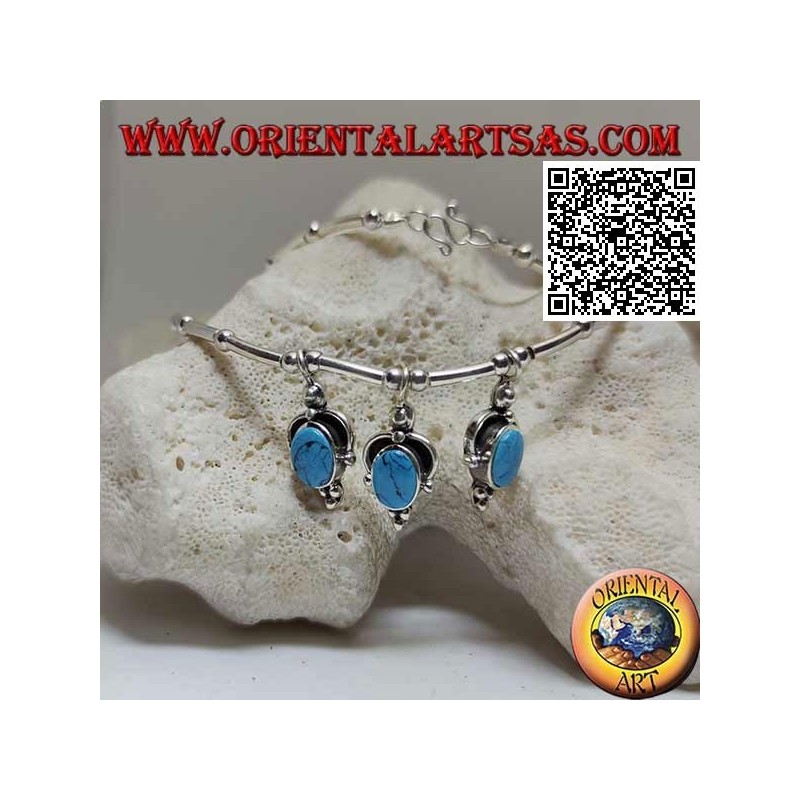 Collana in argento 925 ‰ a girocollo, tubicini e palline infilati con 3 turchesi ovali pendenti